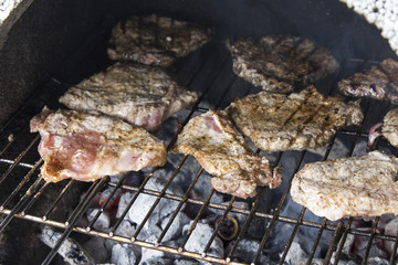 Hühnerfleisch und schweinefleisch auf Rost