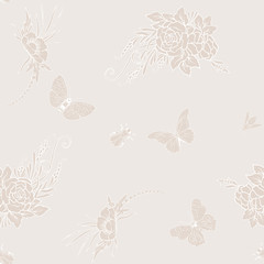 Floral seamless pattern with butterflies and bees  in realistic botanical style.  Stock vector illustration. In vanilla pastel colors