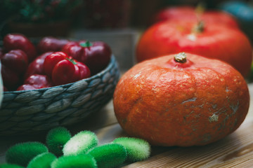 Colorful still-life for Thanksgiving day: wattled basket with sweet bell red pepper, orange and red ripe pumpkins, wild cucumber in foreground; everything is laying on wooden table