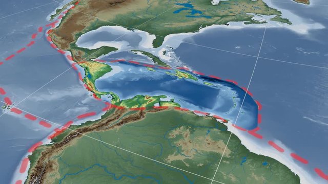 Caribbean tectonic plate extruded and rotated against the map in the Azimuthal Equidistant projection. Bumps shaded