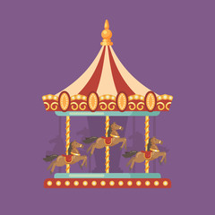Funfair carnival flat illustration. Amusement park illustration of a red and yellow carousel with horses at night