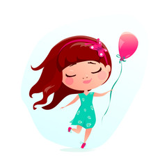 Vector illustration of happy little girl with pink balloon