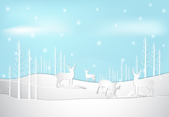 Winter holiday deer with snow and blue sky background. Christmas season paper art style