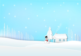Winter holiday cottage with snow and snowman. Christmas season paper art style illustration.