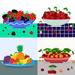 A set of vector illustrations of a plate of fruits and berries on a table.
