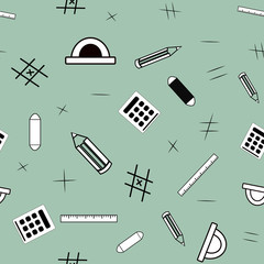 School supplies doodles in black, white and gray colors as a seamless pattern  - Eps10 vector graphics and illustration