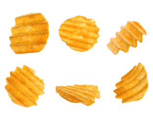 Tasty potato chips on white background