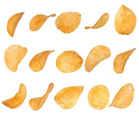 Tasty potato chips on white background