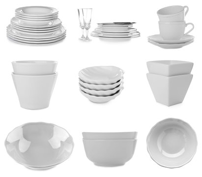 Different tableware on white background