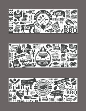 Vector barbecue, grill and steak house banners