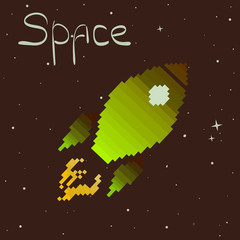 Pixel vintage icon rocket spaceship on brown background.