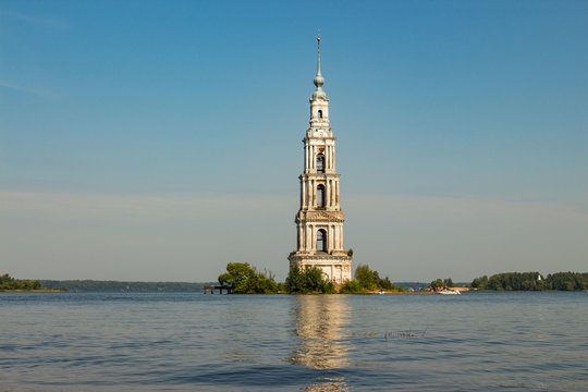 Flooded Belfry (Bell tower) is a part of the flooded church and the famous landmark of Kalyazin. Golden Ring of Russia.