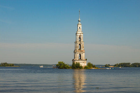 Flooded Belfry (Bell tower) is a part of the flooded church and the famous landmark of Kalyazin. Golden Ring of Russia.
