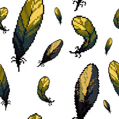 Pixel art illustration of  brown feathers. Vector of colorful feathers.Seamless pattern of colorful feathers.