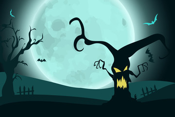 Halloween background with horror scary tree on ladscape in moonlight.