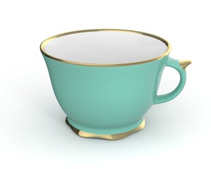 Isolated antique porcelain cup with gold on white background. 3D Illustration.