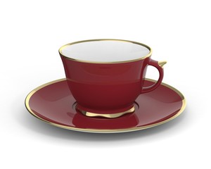 Isolated antique porcelain cup with gold on white background. 3D Illustration.