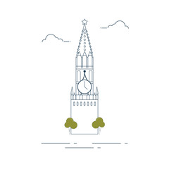 Vector illustration or icon: The Spasskaya Tower of Moscow Kremlin in line art style.