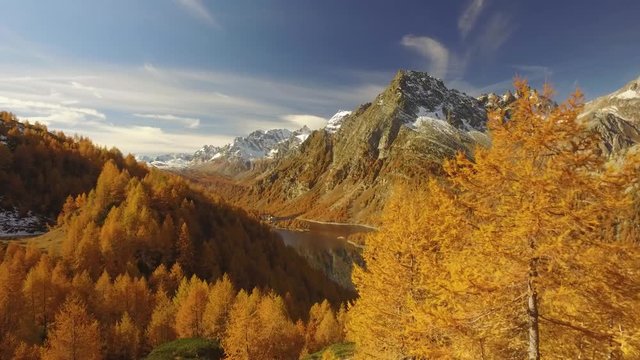 side POV walking on fall path with woods trees, lake and snowy mounts.Sunny autumn day Hiking in colorful red forest wild nature mountain outdoors.Alps Devero.4k point of view establishing video