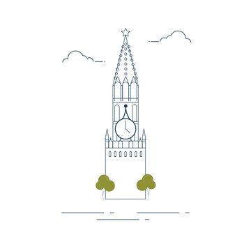 recommend clip art: Vector illustration or icon: The Spasskaya Tower of Moscow Kremlin in line art style.