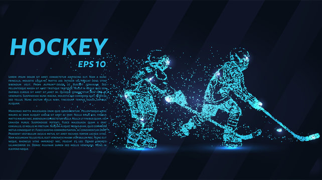 A hockey game consists of points. Particles in the form of a hockey player on a dark background. Vector illustration. Graphic concept of hockey