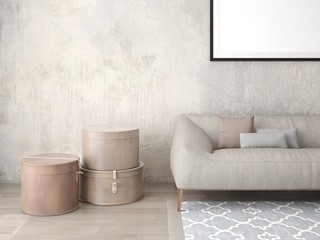 Mock up a stylish living room with a classic sofa and fashionable background.