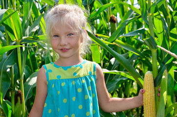 A small, cheerful girl among high, green corn.