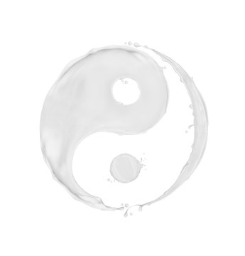 Milk splashes in the shape of a Yin Yang symbol, isolated on a white background