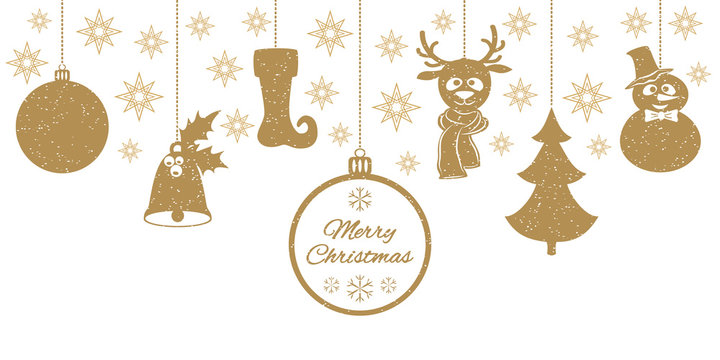 Gold Christmas pendants a bell with holly, ball, fir-tree, a deer in scarf, snowman in a hat, stocking. A border isolated on white background. Vector illustration