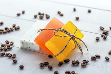 Color fragrant soap. Spa concept background.