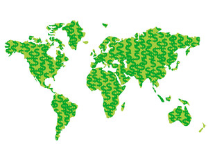 World map silhouette created from coins with green dollar signs.