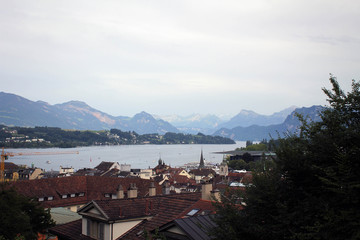 Fototapeta na wymiar Old town of Lucerne panorama with the view of Mount Pilatus, Switzerland