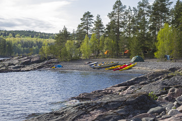 Tourist camp on the shore of Ladoga Lake.