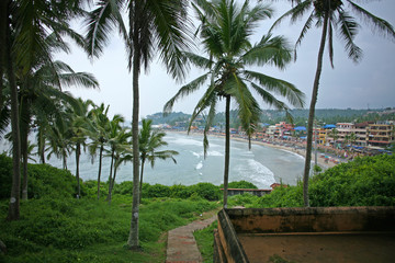 Looking down on Kovalam Beach from the Vizhinjam lighthouse, Kerala, India