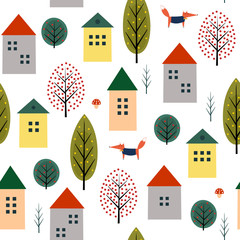 Cute houses, fox and autumn trees seamless pattern on white background. Scandinavian style nature illustration. Autumn landscape with animal design for textile, wallpaper, fabric.