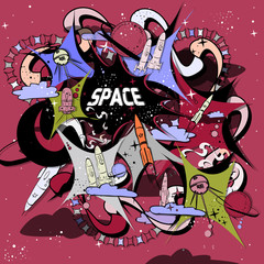 Space vector illustration made hand-drawn. Many symbols and objects for backgrounds. Cute cartoon colorful doodles.