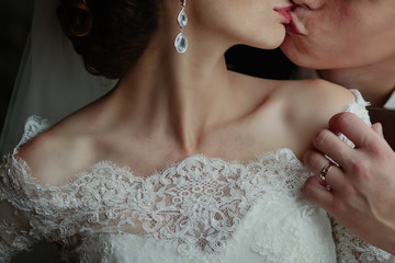 bridal couple, sensual bride and happy groom together