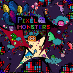 Vector illustration of pixel art cute and funny monsters. Many symbols and objects for backgrounds. Cute cartoon colorful doodles.