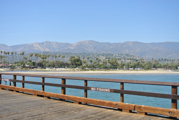 Santa Barbara view of sea and mountains from pier, California, USA