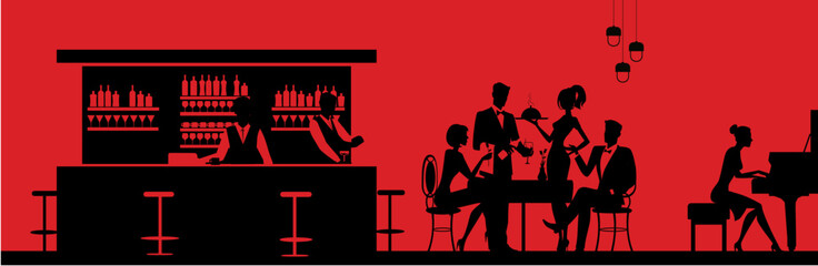 Dinner in the restaurant and celebration. People's silhouettes - obrazy, fototapety, plakaty