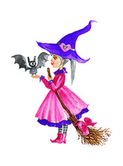 Watercolor little witch and bat on white background. Painting children illustration. Hand drawn halloween cartoon characters 