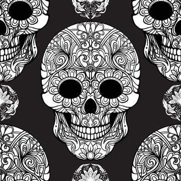 Seamless pattern, background with sugar  skull and floral pattern. Black and white. Stock vector illustration.

