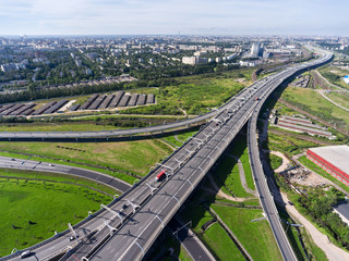 Obraz premium ST. PETERSBURG, RUSSIA-CIRCA AUG, 2017: Aerial view at Western High Speed Diameter (WHSDH) in south of city. The beginning of toll highway. Summer season