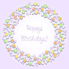 Birthday card with circular frame made from candies on purple background. Vector illustration
