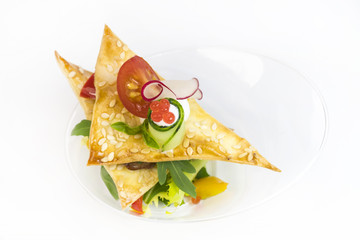 Mini desserts and meat canapes vegetable snacks in plastic cups canapes 