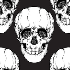 Seamless pattern, background with skull. Black and white. Stock vector illustration.

