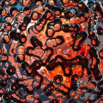 Black red glass bubbles in hot lava eruption, 3D illustration