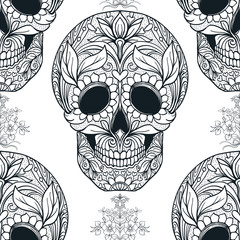 Modèle sans couture, fond avec crâne de sucre et motif floral. Dessin au trait. Illustration vectorielle de stock ligne.