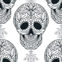Wall murals Human skull in flowers Seamless pattern, background with sugar  skull and floral pattern. Outline drawing. Stock line vector illustration.  
