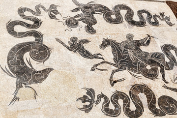 The beautiful Roman mosaic of Amphitrite that rides a hippocampus located at Neptune thermal spa in...